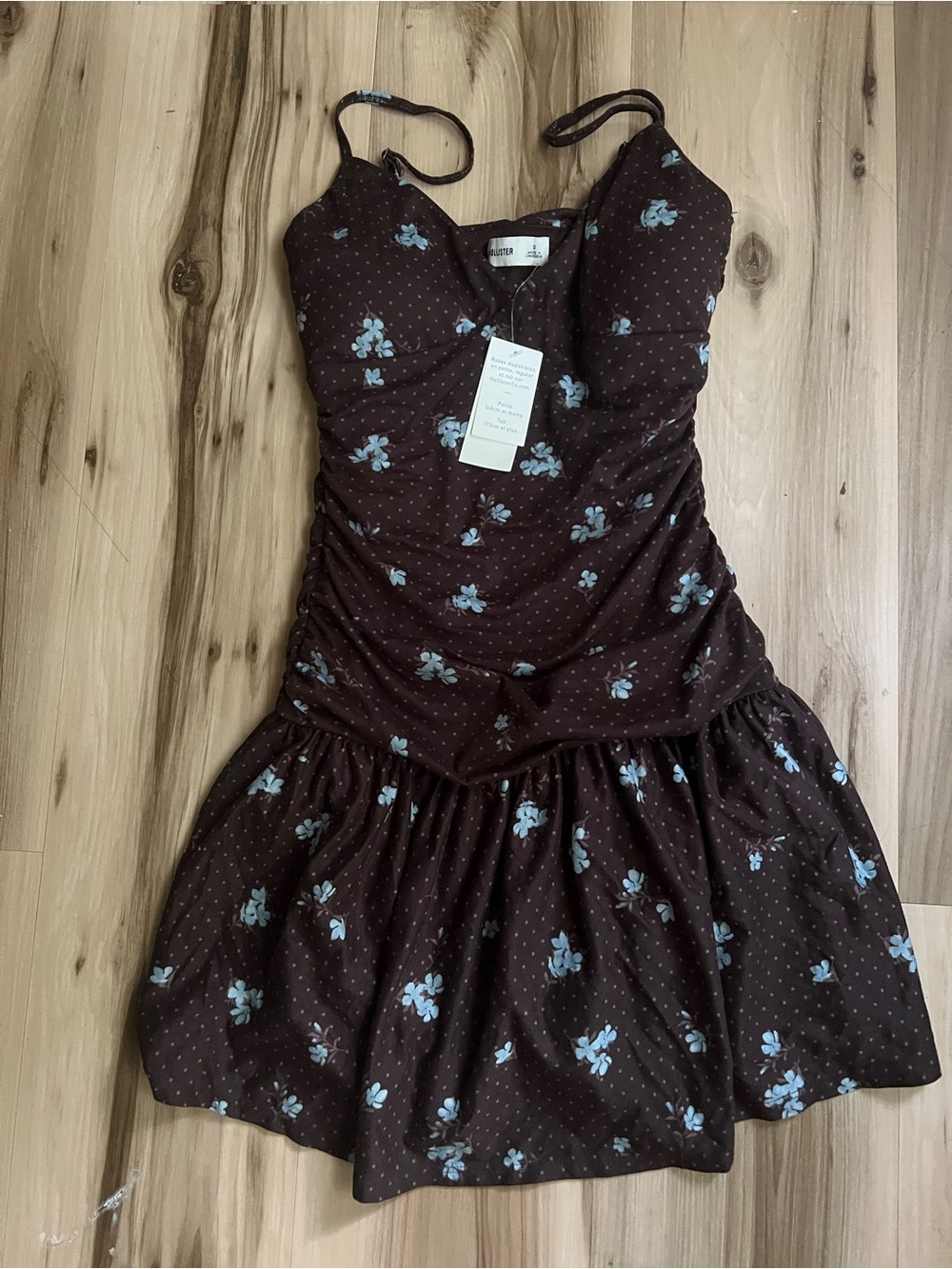 Hollister Brown Spaghetti-Strap Floral Dress with Light Blue Flowers
